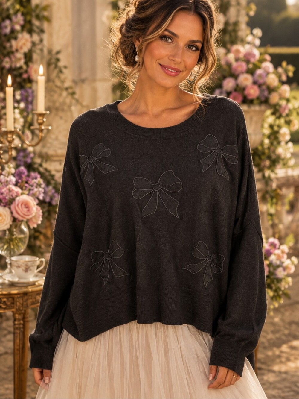 Bridgerton x Netflix Black Lace Bow Appliqué Sweater XL NWT